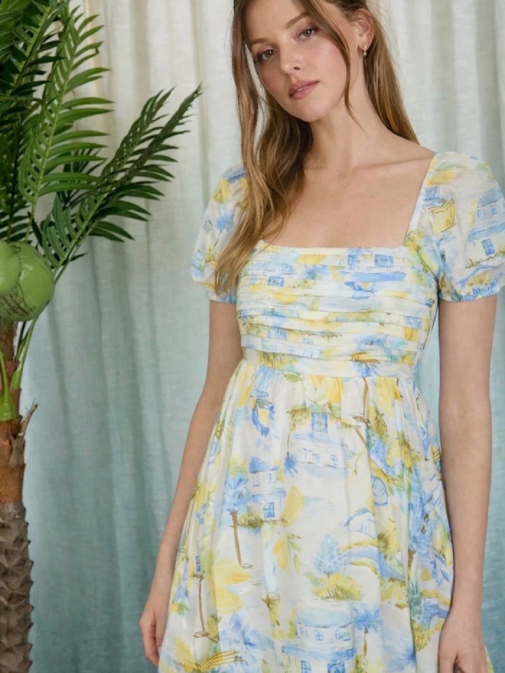 CR2916A Lemon Print Pleated Short Puff Sleeve Mini Dress - Picture 7 of 8